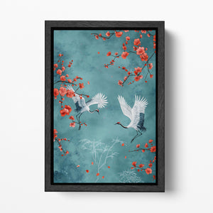 Japanese Art Cranes Blue Background Branches Blossoms Canvas Wall Art Eco Leather Print Black Frame