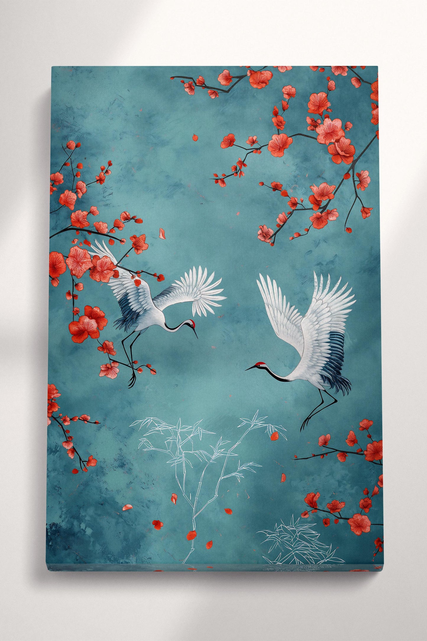 Japanese Art Cranes Blue Background Branches Blossoms Canvas Wall Art Eco Leather Print 3D