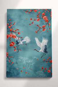 Japanese Art Cranes Blue Background Branches Blossoms Canvas Wall Art Eco Leather Print, Made in Italy!