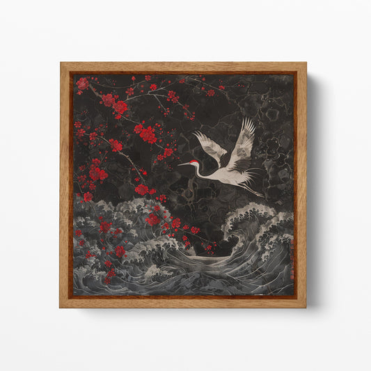 Crane in the Night Blossom Wall Art Framed Canvas Eco Leather Print Wood Frame
