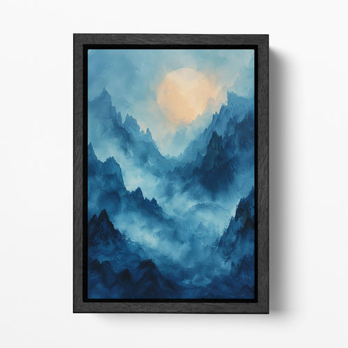 Misty Blue Mountain Peaks - Eco Leather Wall Canvas Print Black Frame