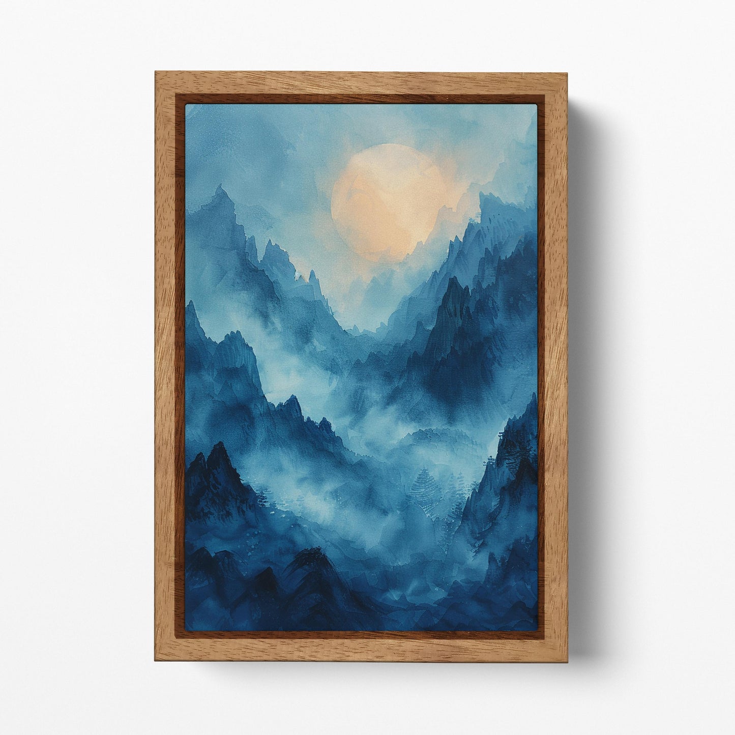 Misty Blue Mountain Peaks - Eco Leather Wall Canvas Print Wood Frame