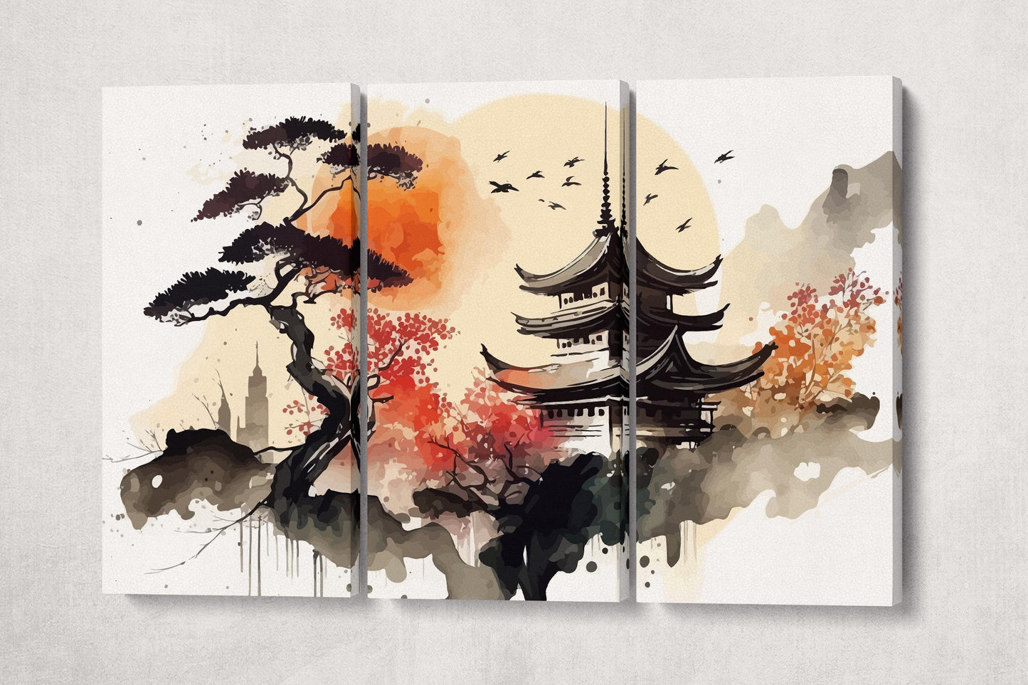 Japanese Pagoda in Autumn Serenity Ink Canvas Wall Art Eco Leather Print 3 Panels