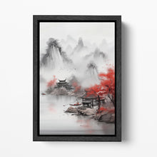 Charger l&#39;image dans la galerie, Chinese Lake and Mountain Landscape with Pagoda and Red Trees Canvas Wall Art Eco Leather Print, Made in Italy!
