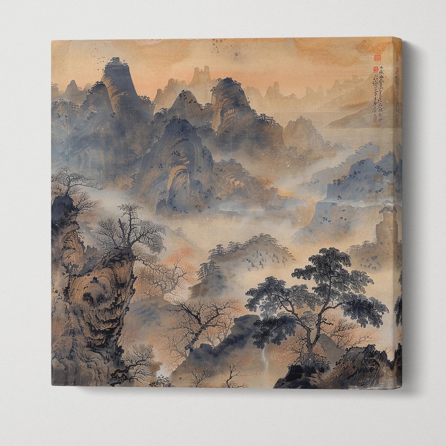 Whispering Peaks: A Peaceful Mountain Landscape Chinese Style Wall Art Framed Canvas Eco Leather Print