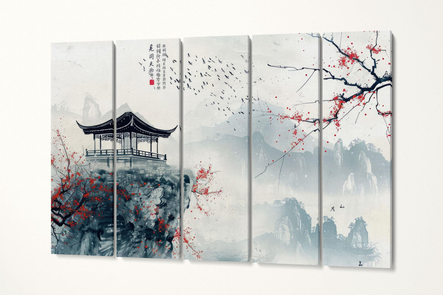 Solitary Pavilion Chinese Mountain Sanctuary Canvas Wall Art Eco Leather Print 5 Panels