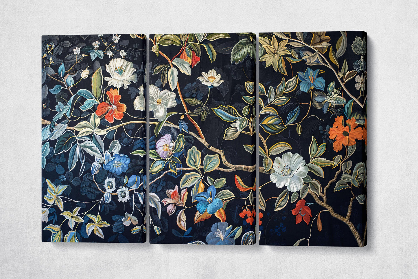 Elegant Floral Blue Background Eco-Leather Canvas Wall Art Print Triptych 3D