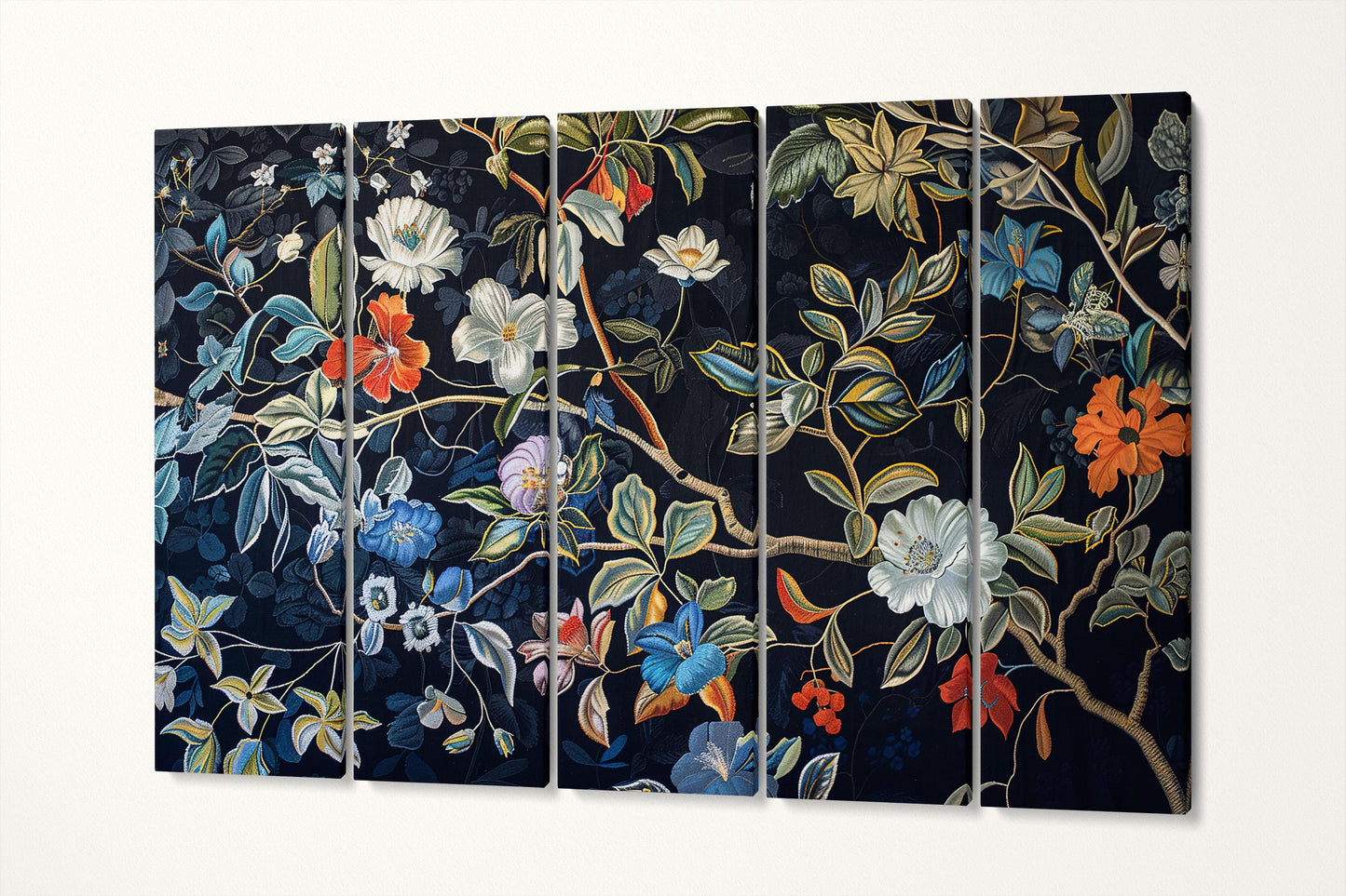 Elegant Floral Blue Background Eco-Leather Canvas Wall Art Print 5 Panels
