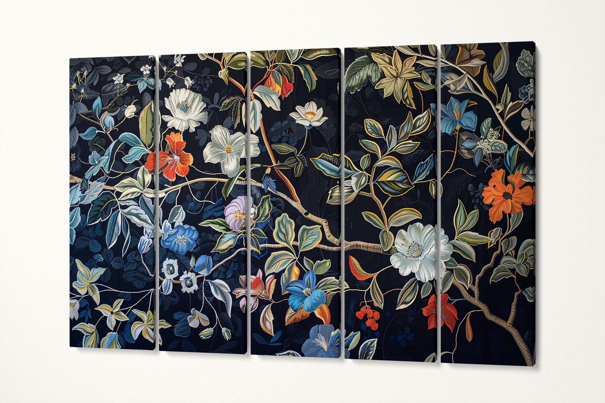 Elegant Floral Blue Background Eco-Leather Canvas Wall Art Print 5 Panels