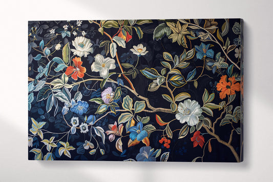 Elegant Floral Blue Background Eco-Leather Canvas Wall Art Print 3D