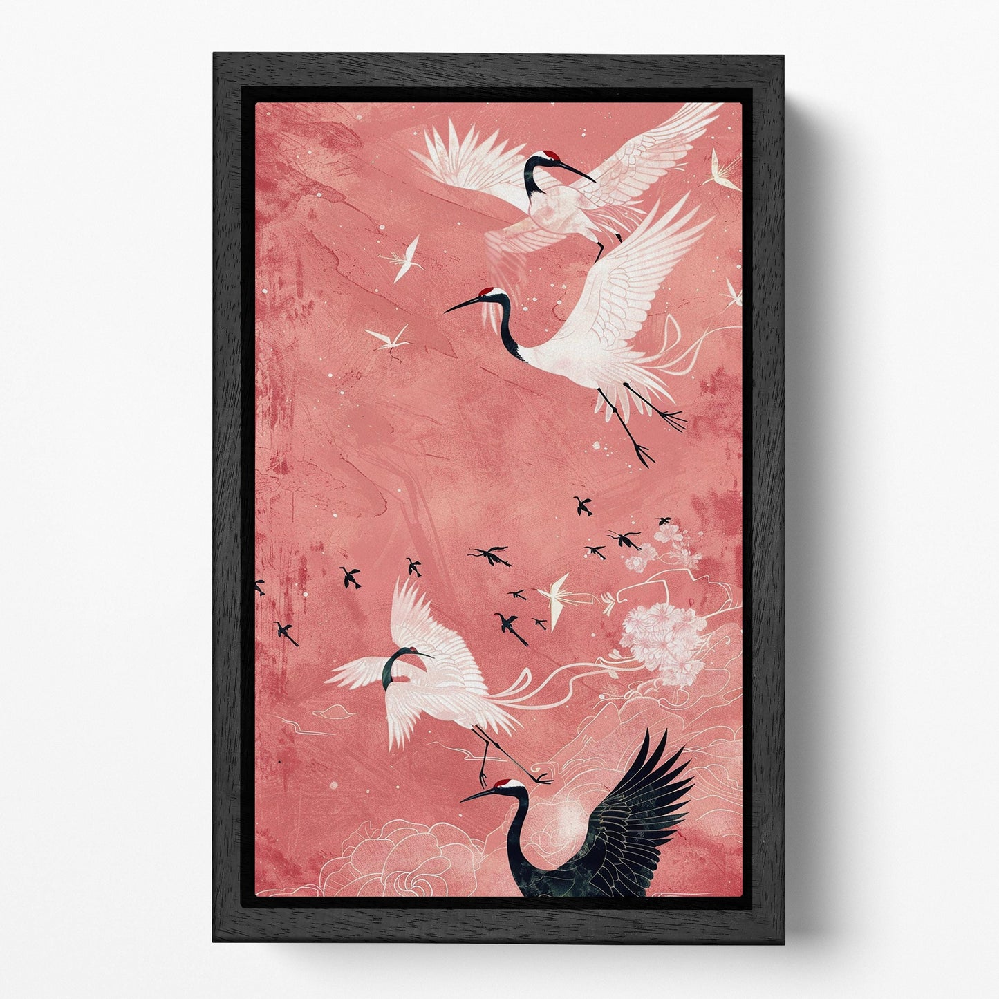 Elegant Flight of Cranes Pink Background Canvas Wall Art Eco Leather Print Black Frame