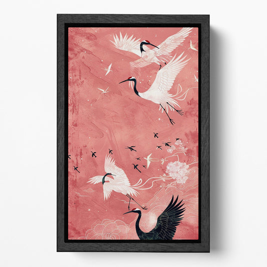Elegant Flight of Cranes Pink Background Canvas Wall Art Eco Leather Print Black Frame