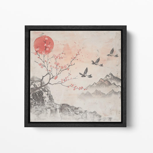 Whispers of Spring - Birds and Blossoms Eco Leather Canvas Print Black Frame