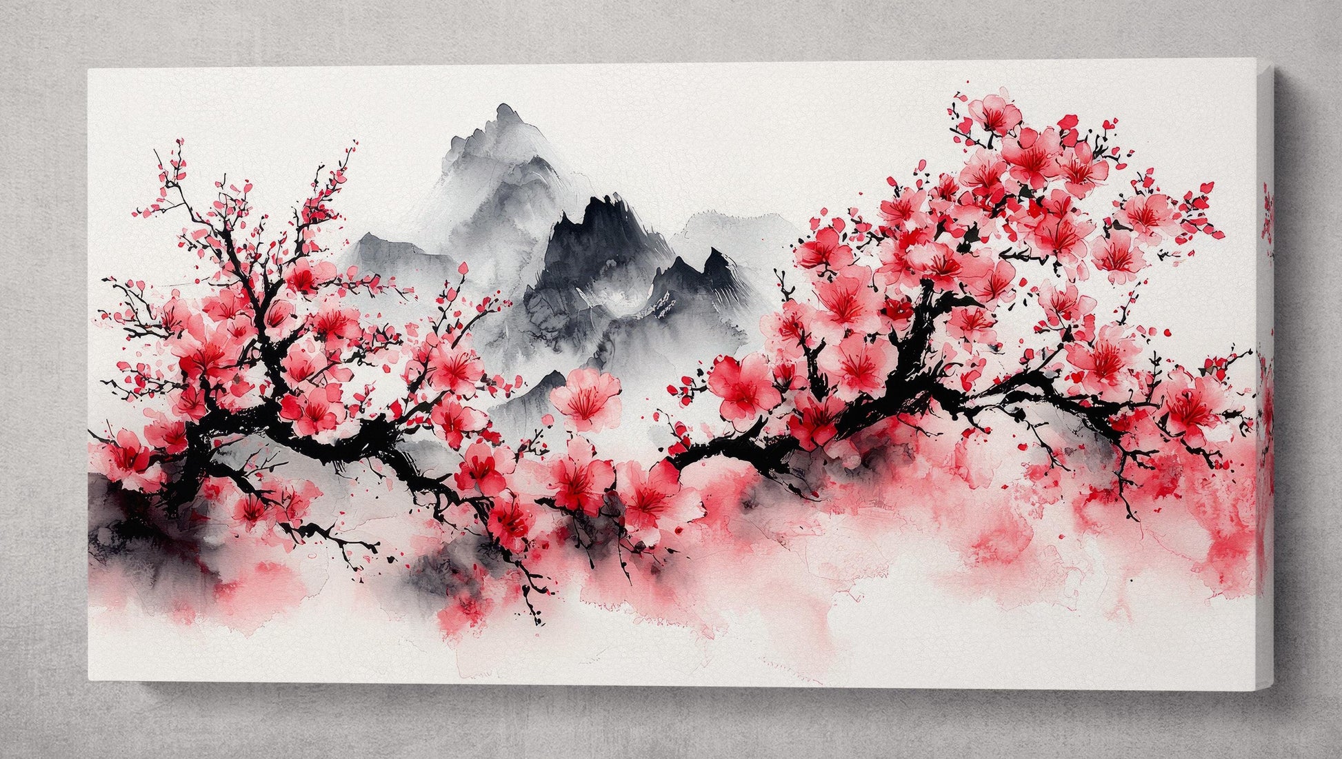 Blush of Spring: Cherry Blossoms Amidst Misty Peaks Wall Art Home Decor Framed Canvas Print
