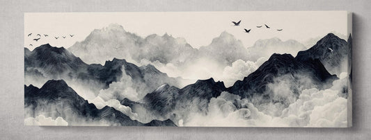 Mountain Serenity - Abstract Misty Peaks Chinese Style Wall Art Framed Eco Leather Canvas Print Large