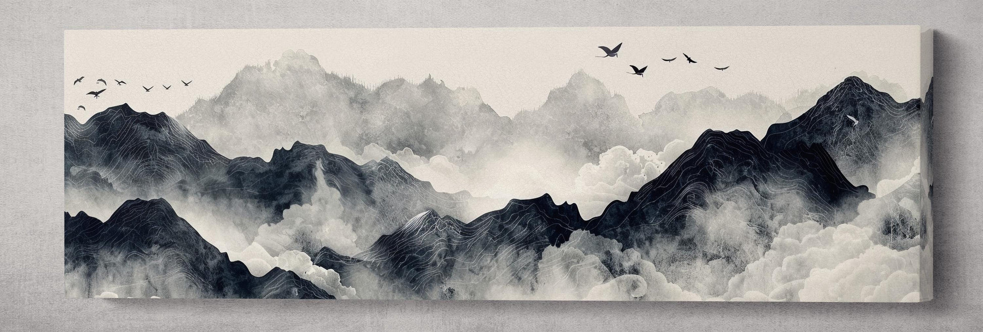Mountain Serenity - Abstract Misty Peaks Chinese Style Wall Art Framed Eco Leather Canvas Print