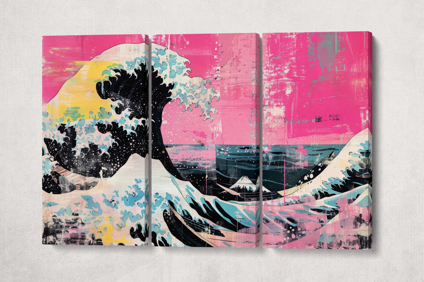 The Great Wave off Kanagawa Punk Edition in Pink Canvas Eco Leather Print Reproduction 3 Panels