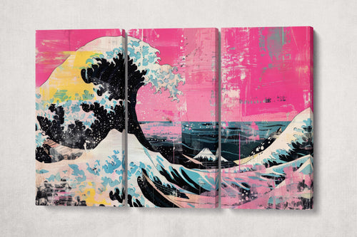 The Great Wave off Kanagawa Punk Edition in Pink Canvas Eco Leather Print Reproduction 3 Panels