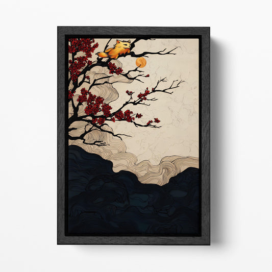 Moonlit Cat on Cherry Blossoms Eco Leather Canvas Wall Art Print Black Frame