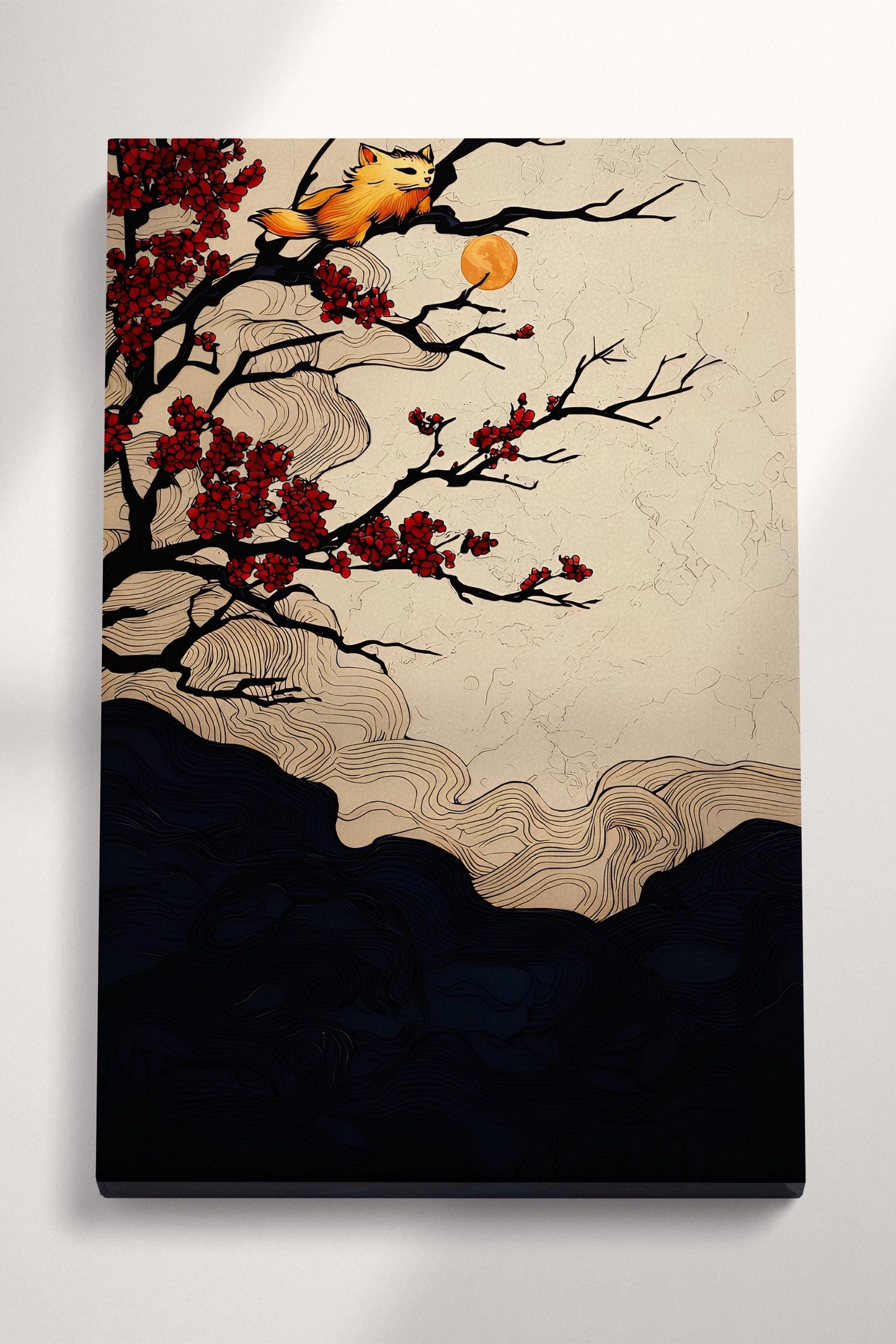 Moonlit Cat on Cherry Blossoms Eco Leather Canvas Wall Art Print