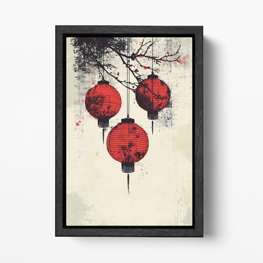 Lanterns of Tradition: A Modern Asian-Inspired Eco Leather Canvas Wall Art Print Black Frame