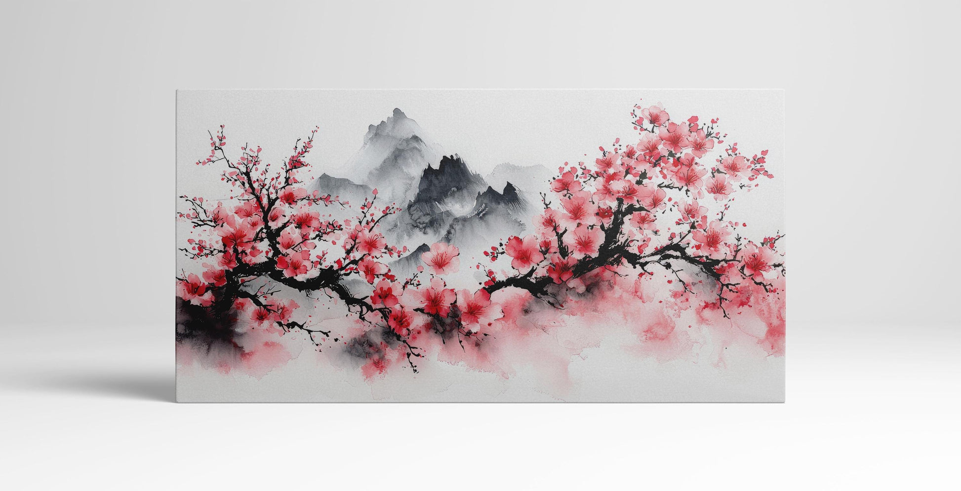 Blush of Spring: Cherry Blossoms Amidst Misty Peaks Wall Art Home Decor Framed Canvas Print Standing
