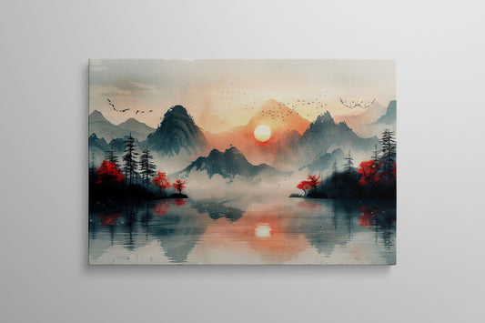 Dreamscape at Dawn: Mountains and Mist - Chinese Inspired Art Wall Decor Eco Leather Print Hanging