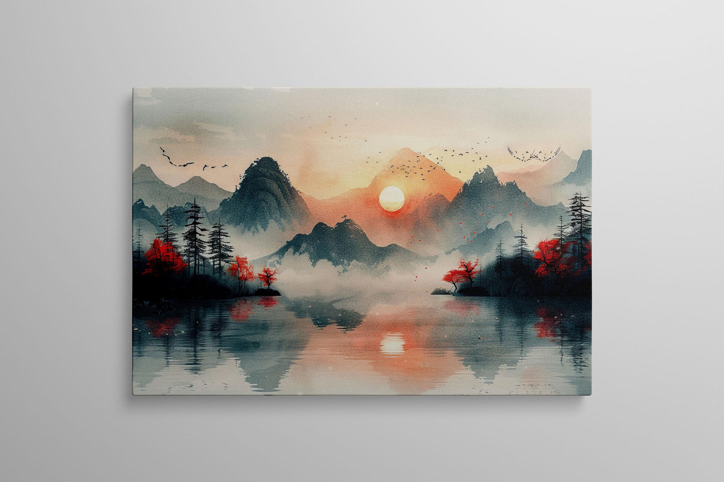 Dreamscape at Dawn: Mountains and Mist - Chinese Inspired Art Wall Decor Eco Leather Print Hanging