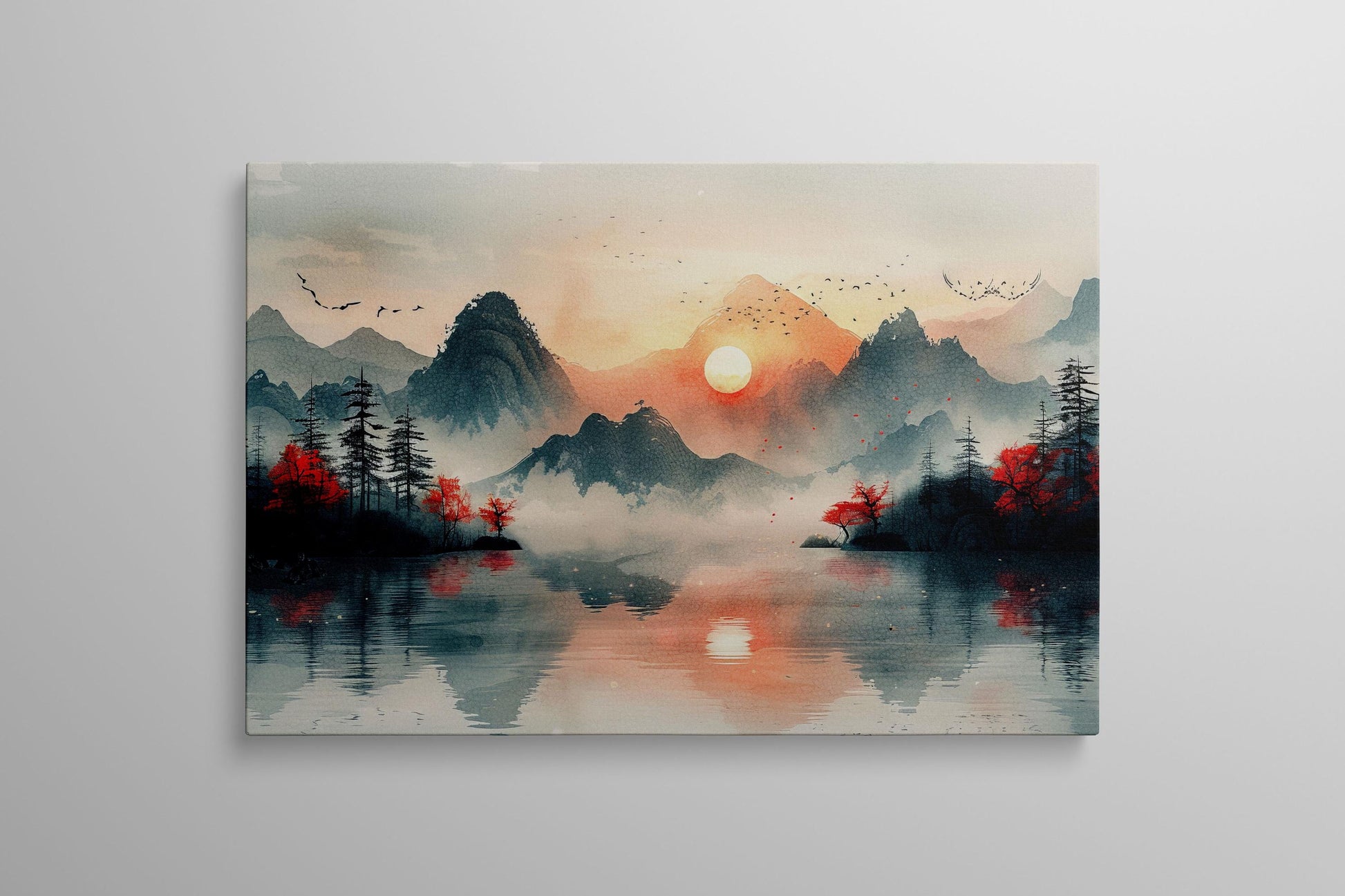 Dreamscape at Dawn: Mountains and Mist - Chinese Inspired Art Wall Decor Eco Leather Print Hanging