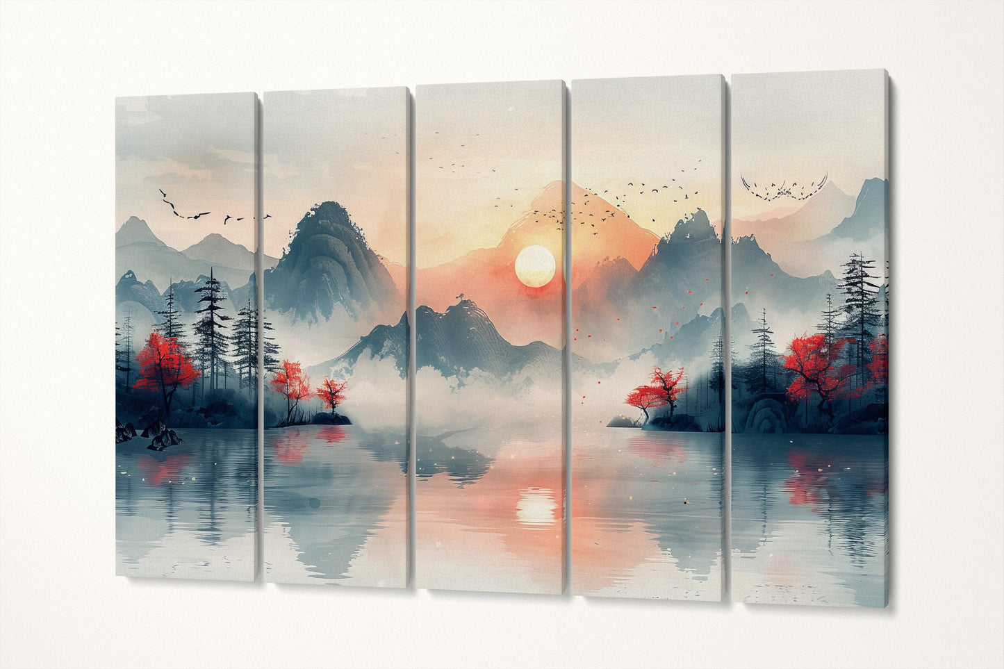 Dreamscape at Dawn: Mountains and Mist - Chinese Inspired Art Wall Decor Eco Leather Print 5 Panels