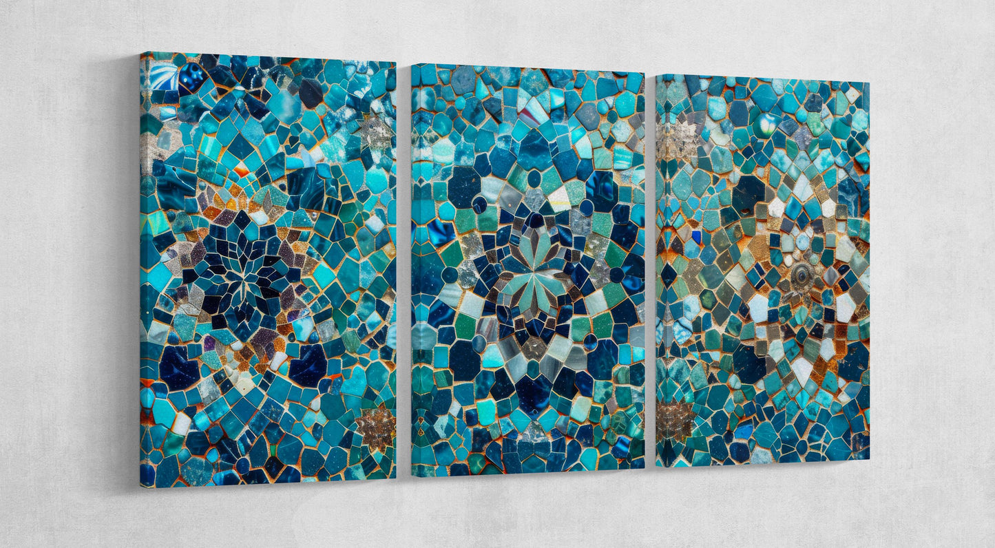 Oceanic Dream: A Close-Up of Blue Mosaic Tile Wall Art Home Decor Framed Canvas Eco Leather Print 3 Panels