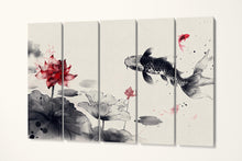 Load image into Gallery viewer, Serene Koi Pond: Black and White Elegance with Red Blossoms Wall Decor Eco Leather Print 5 Panels