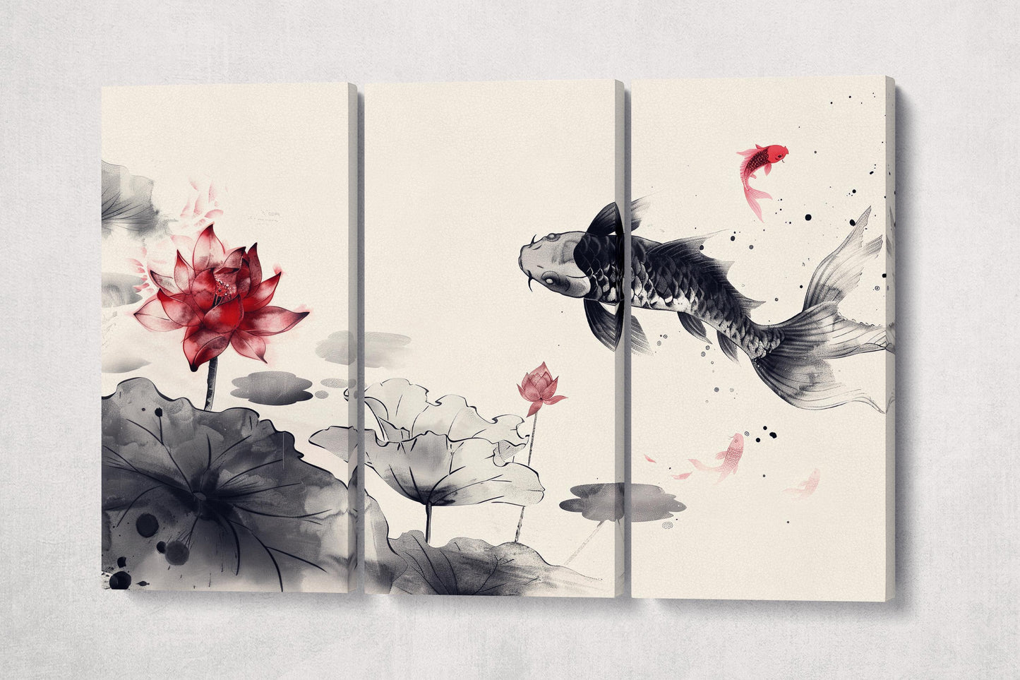 Serene Koi Pond: Black and White Elegance with Red Blossoms Wall Decor Eco Leather Print 3 Panels