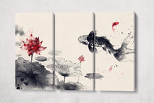 Load image into Gallery viewer, Serene Koi Pond: Black and White Elegance with Red Blossoms Wall Decor Eco Leather Print 3 Panels