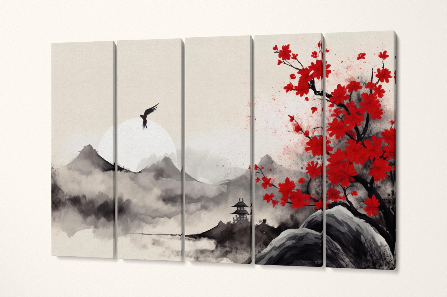Energy in the Red Blossom Mountains - Asian Zen Wall Art Home Decor Eco Leather Print 5 Panels