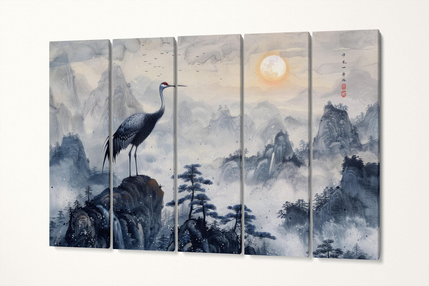 Majestic Crane in Misty Mountains Chinese Art Inspired Wall Decor Eco Leather Print 5 Panels