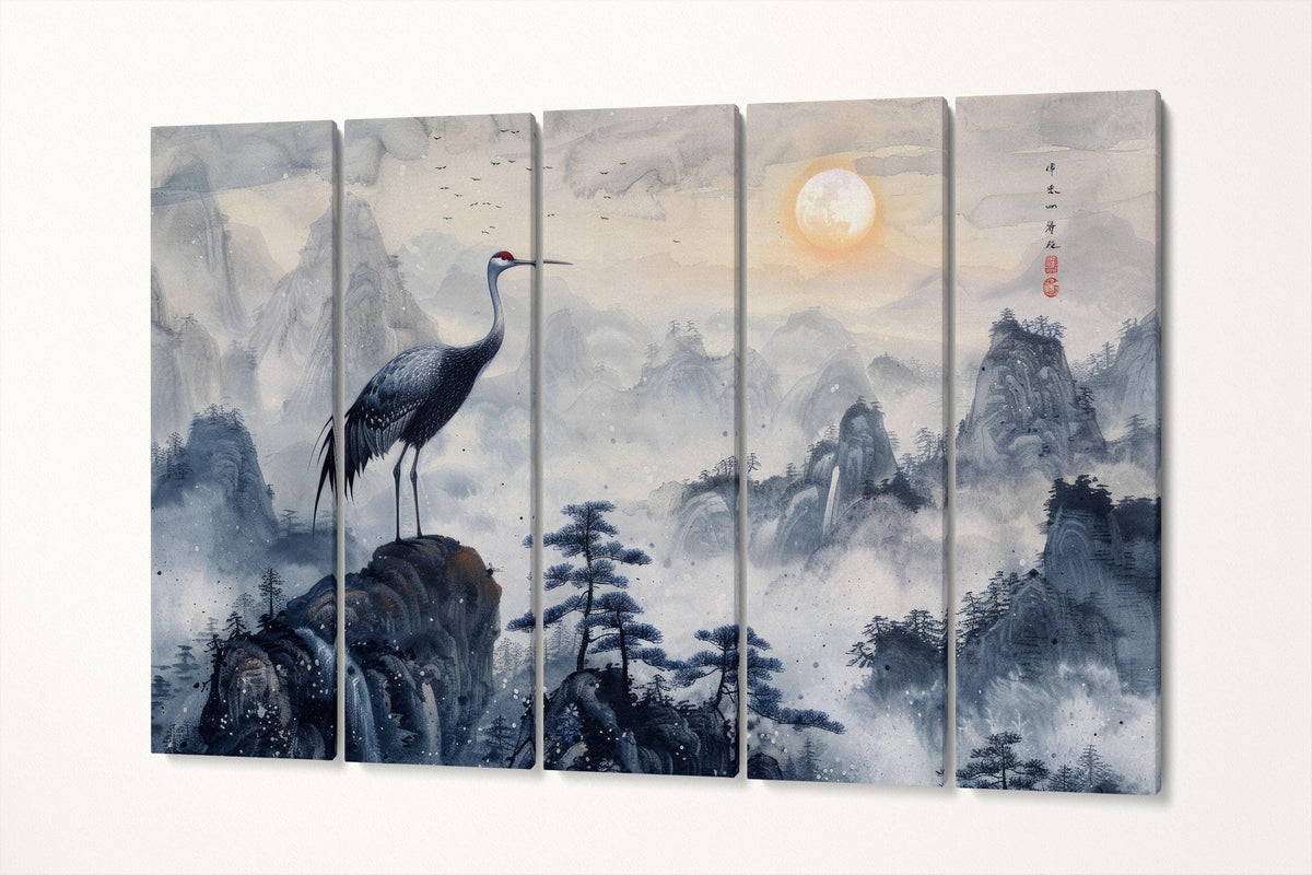 Majestic Crane in Misty Mountains Chinese Art Inspired Wall Decor Eco Leather Print 5 Panels