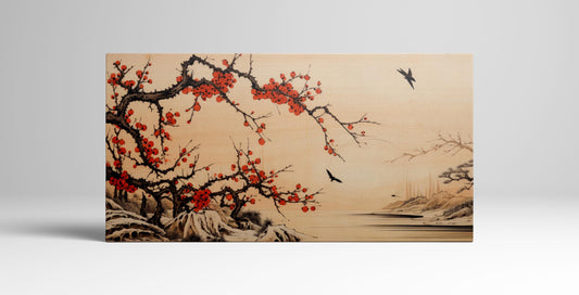 Serenity in Flight: Red Blossoms & Birds Wall Art Home Decor Framed Canvas Eco Leather Print