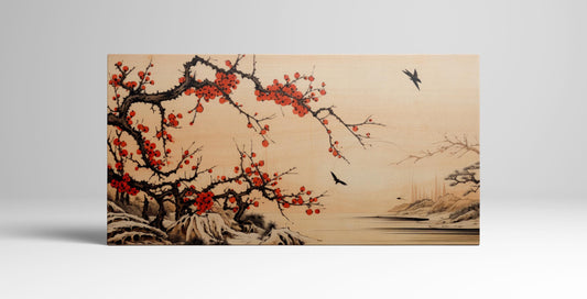 Serenity in Flight: Red Blossoms & Birds Wall Art Home Decor Framed Canvas Eco Leather Print