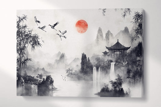 Cranes in Flight: Chinese Black and White Ink Landscape Wall Decor Eco Leather Print Single Panel