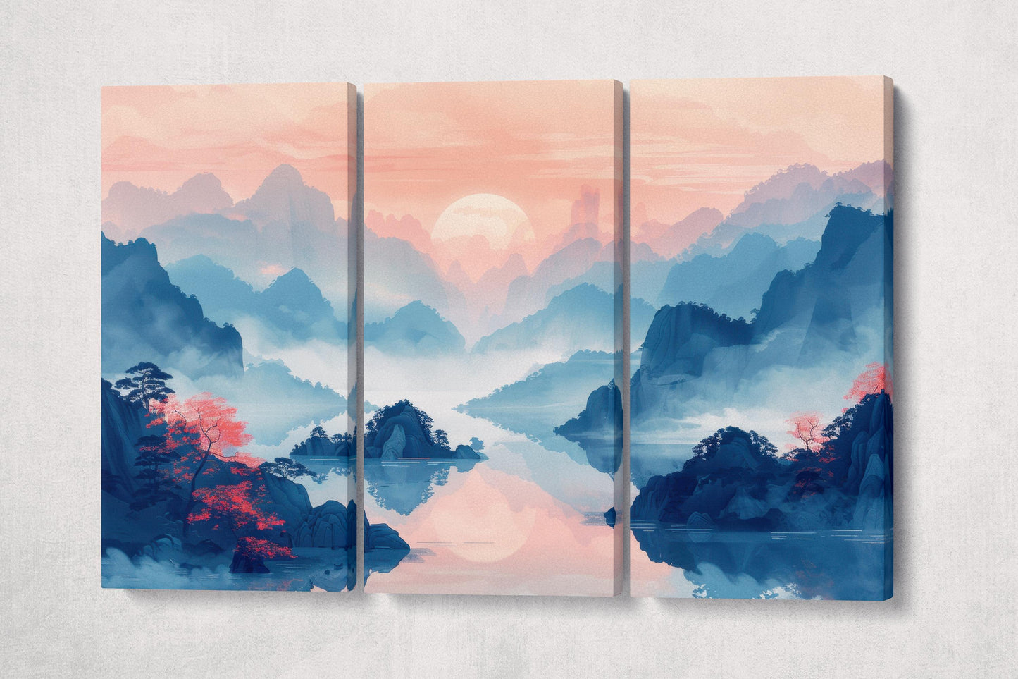 Misty Sunrise Mountain Pastel Tones Wall Decor Eco Leather Print 3 Panels