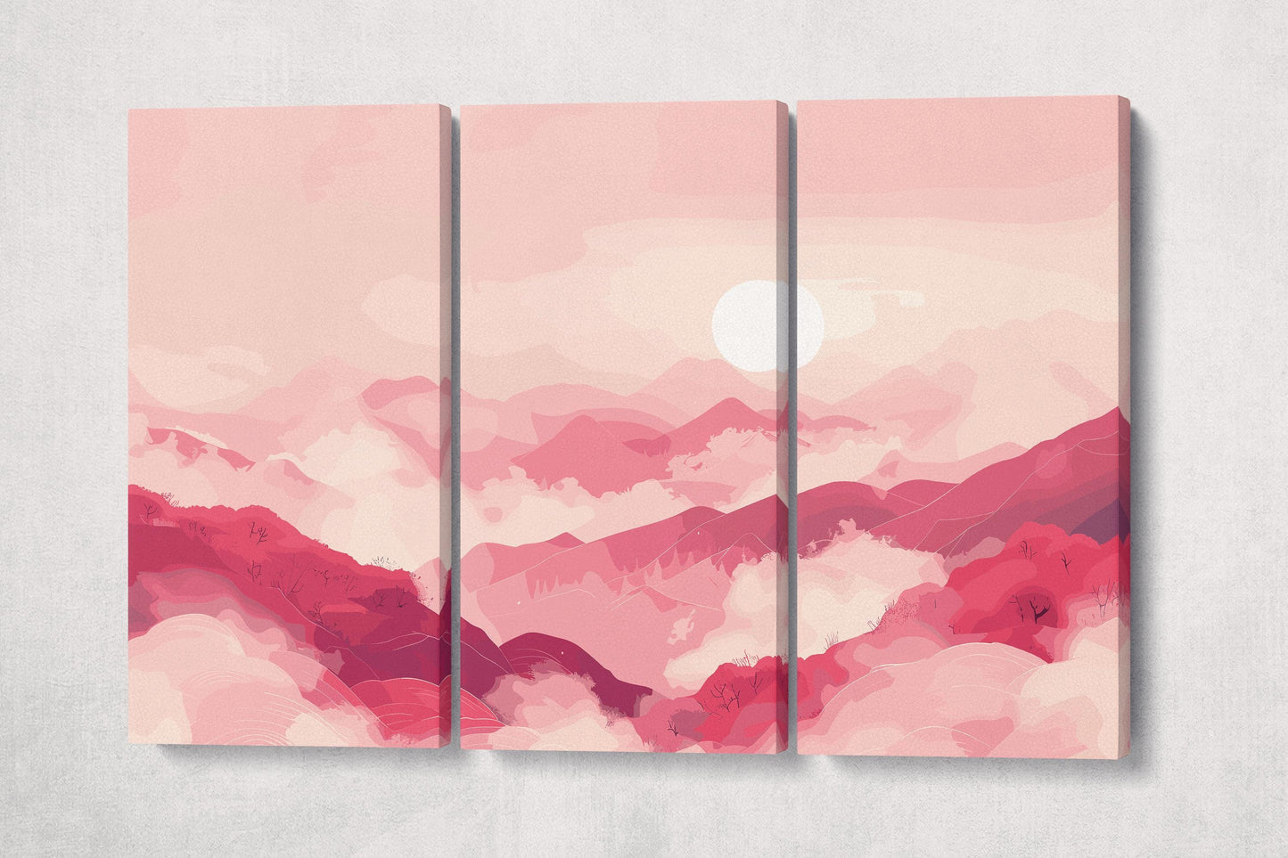 Crimson Dreams Over Rolling Hills Wall Decor Eco Leather Print 3 Panels