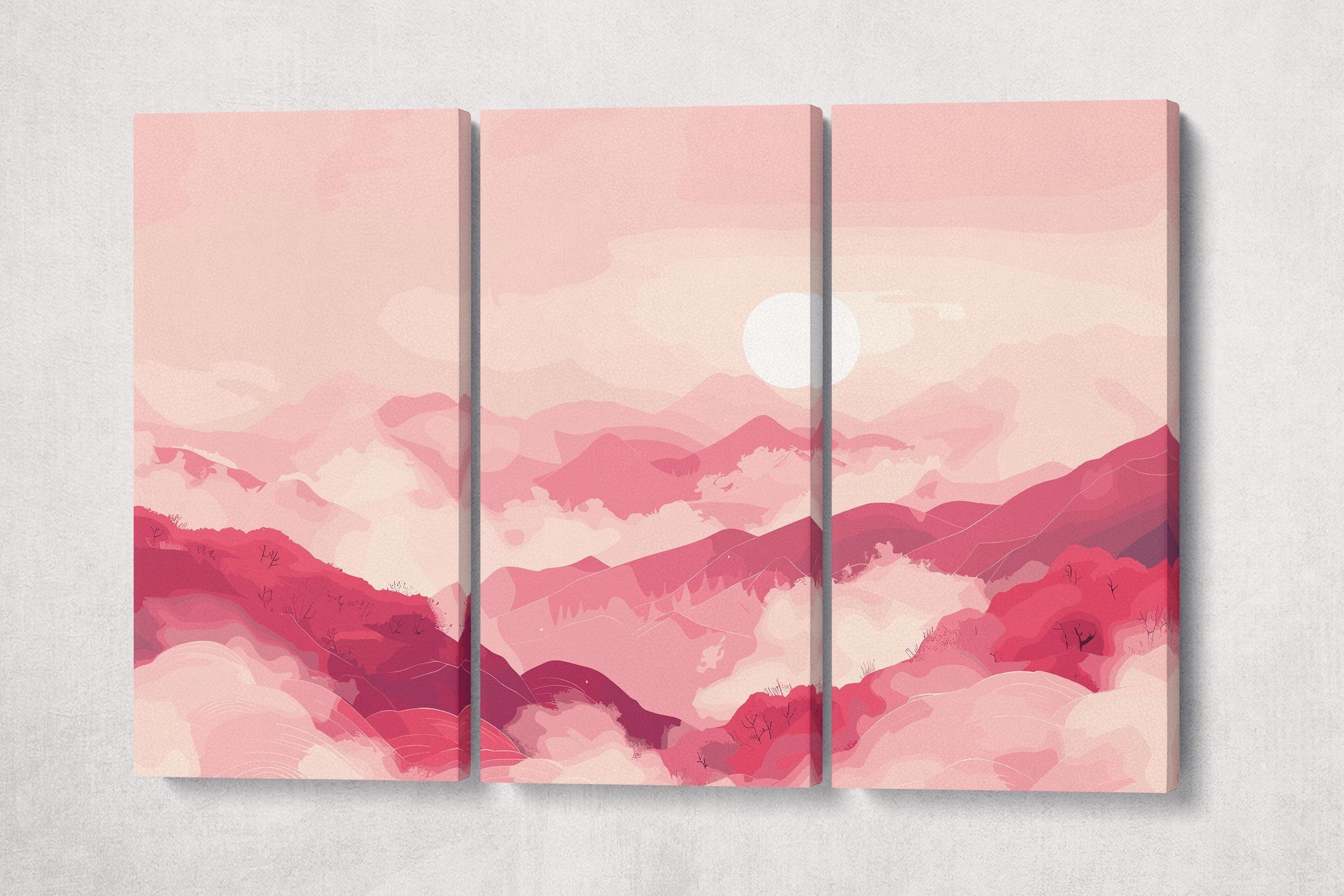 Crimson Dreams Over Rolling Hills Wall Decor Eco Leather Print 3 Panels