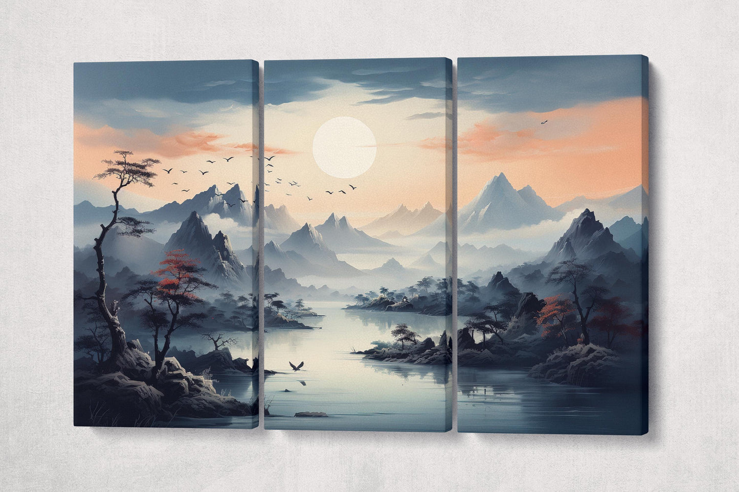 Whispers of Dawn: The Awakening of Nature Mountain Landscape Wall Decor Eco Leather Print 3 Panels