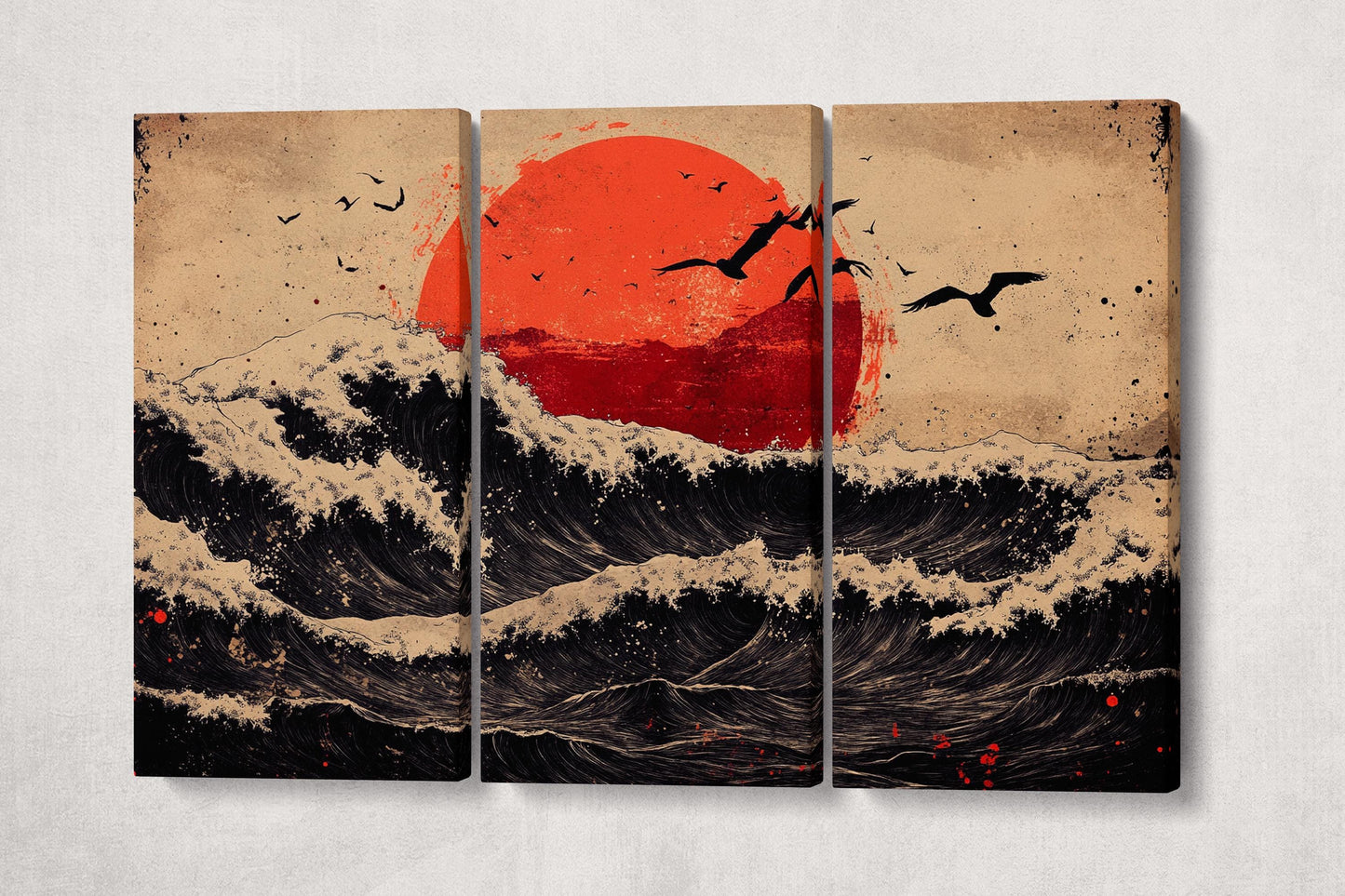 Red Sun, Dark Waves: A Ukiyo-e Inspired Ocean Japanese Style Artwork Canvas Wall Art Eco Leather Print 3 Panels