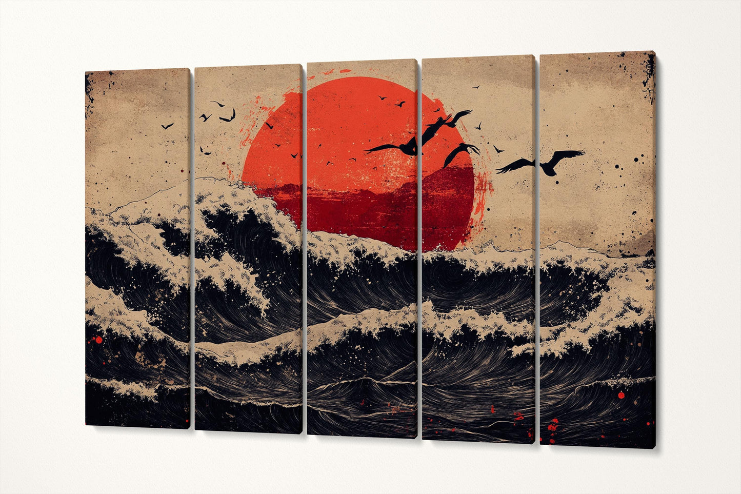 Red Sun, Dark Waves: A Ukiyo-e Inspired Ocean Japanese Style Artwork Canvas Wall Art Eco Leather Print 5 Panels