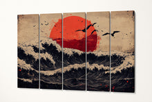 Load image into Gallery viewer, Red Sun, Dark Waves: A Ukiyo-e Inspired Ocean Japanese Style Artwork Canvas Wall Art Eco Leather Print 5 Panels
