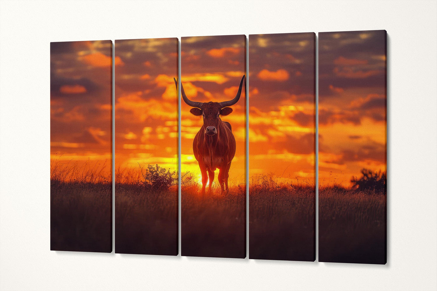 Lone Star Sunset: The Texas Longhorn Canvas Wall Art Eco Leather Print 5 Panels