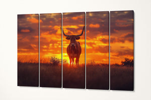 Lone Star Sunset: The Texas Longhorn Canvas Wall Art Eco Leather Print 5 Panels