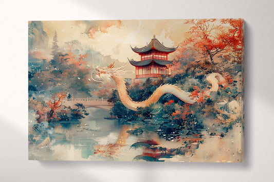 Majestic Dragon in Chinese Pagoda Landscape Wall Art Home Decor Eco Leather Pri Single Panel